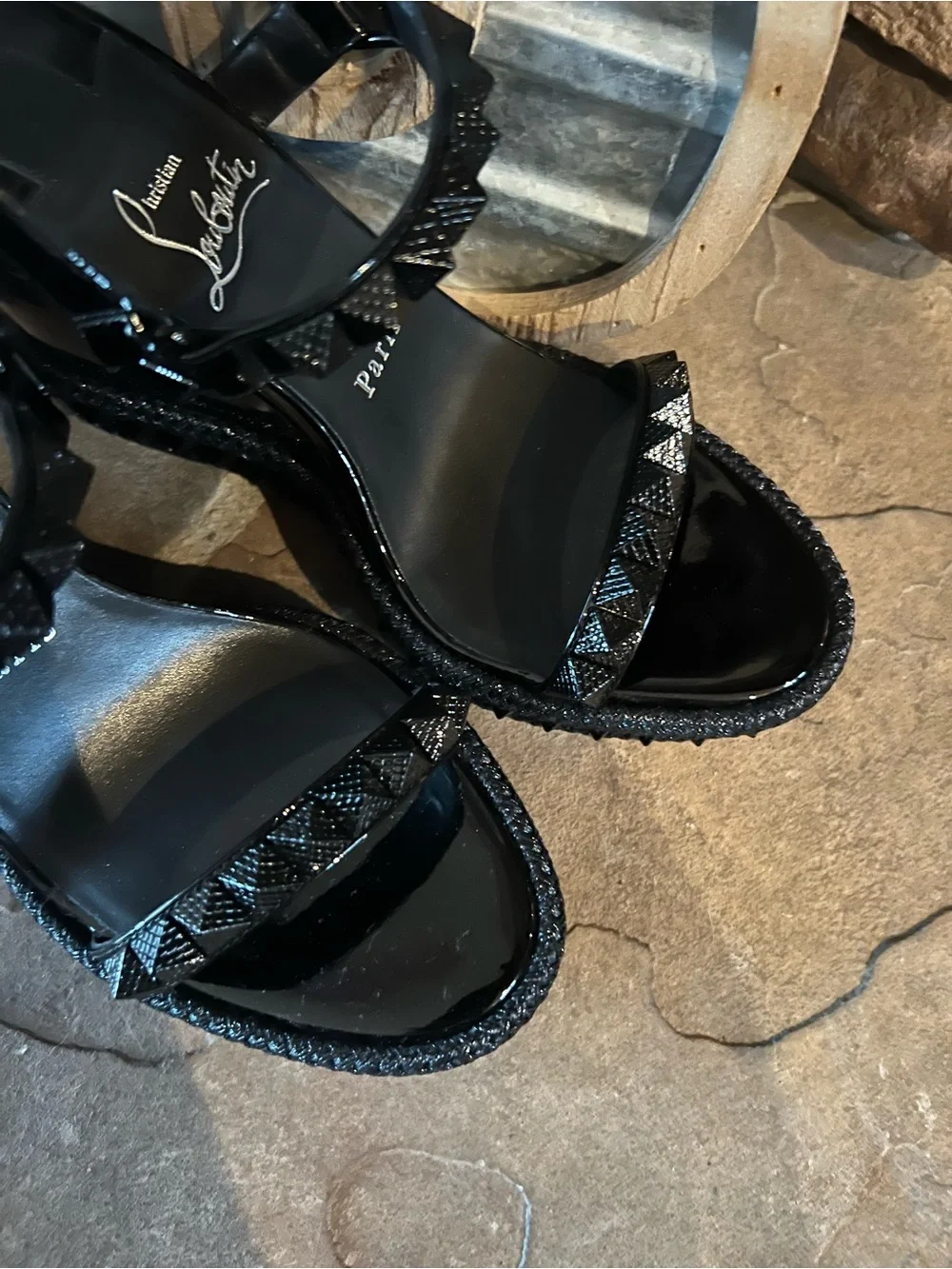 Christian Louboutin Black Patent Wedge Sandals with Studded Straps 8 - Picture 4 of 6